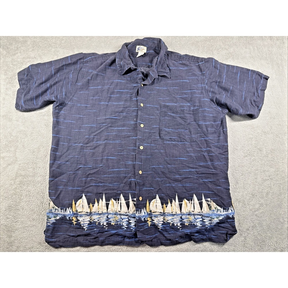Cherokee Waikiki Wear Men's Button-Up Sailboat Print Hawaiian Shirt Navy XL